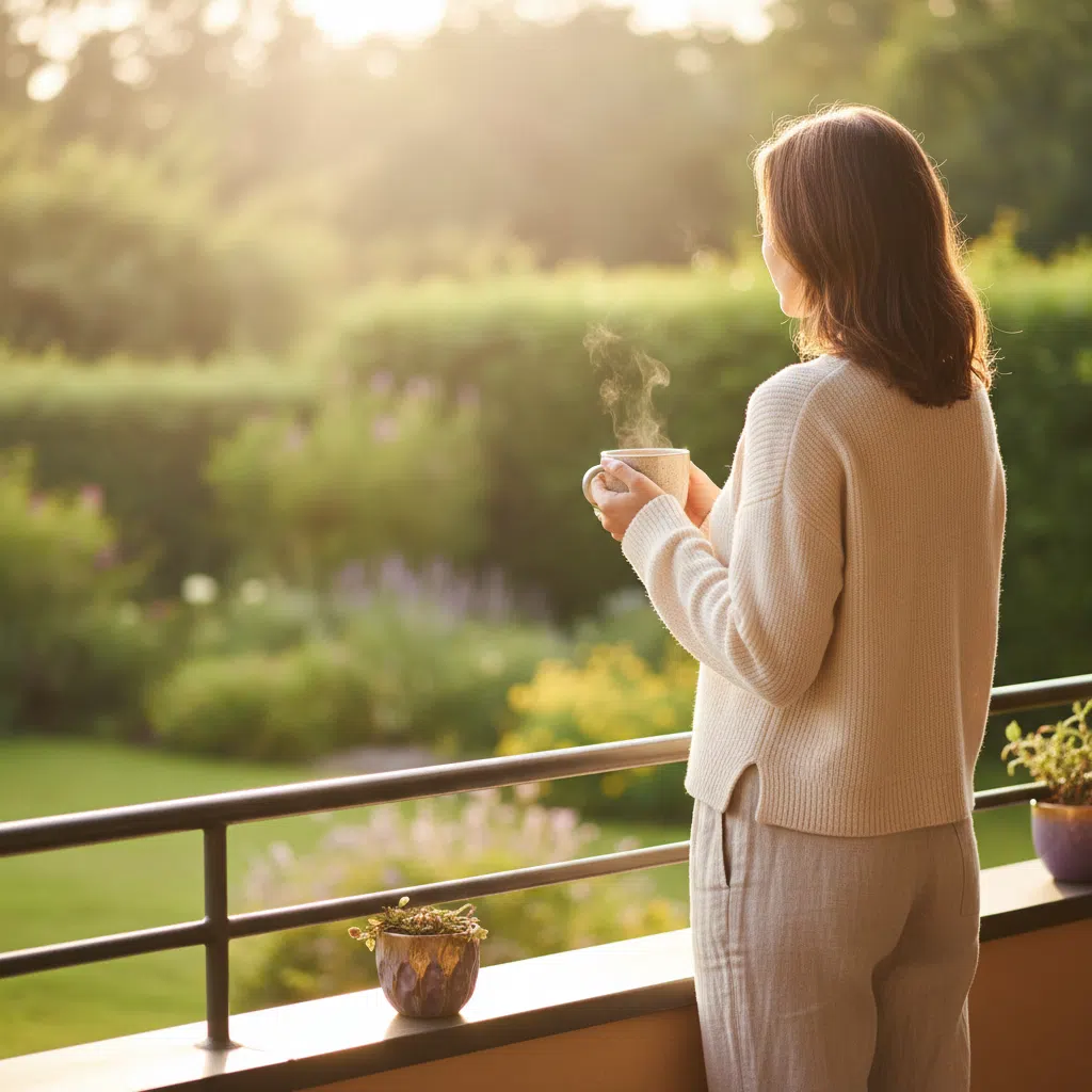 Anonymous person seen from behind on a sunlit balcony, holding a steaming mug of coffee and looking out towards a garden - morning wellness lifestyle