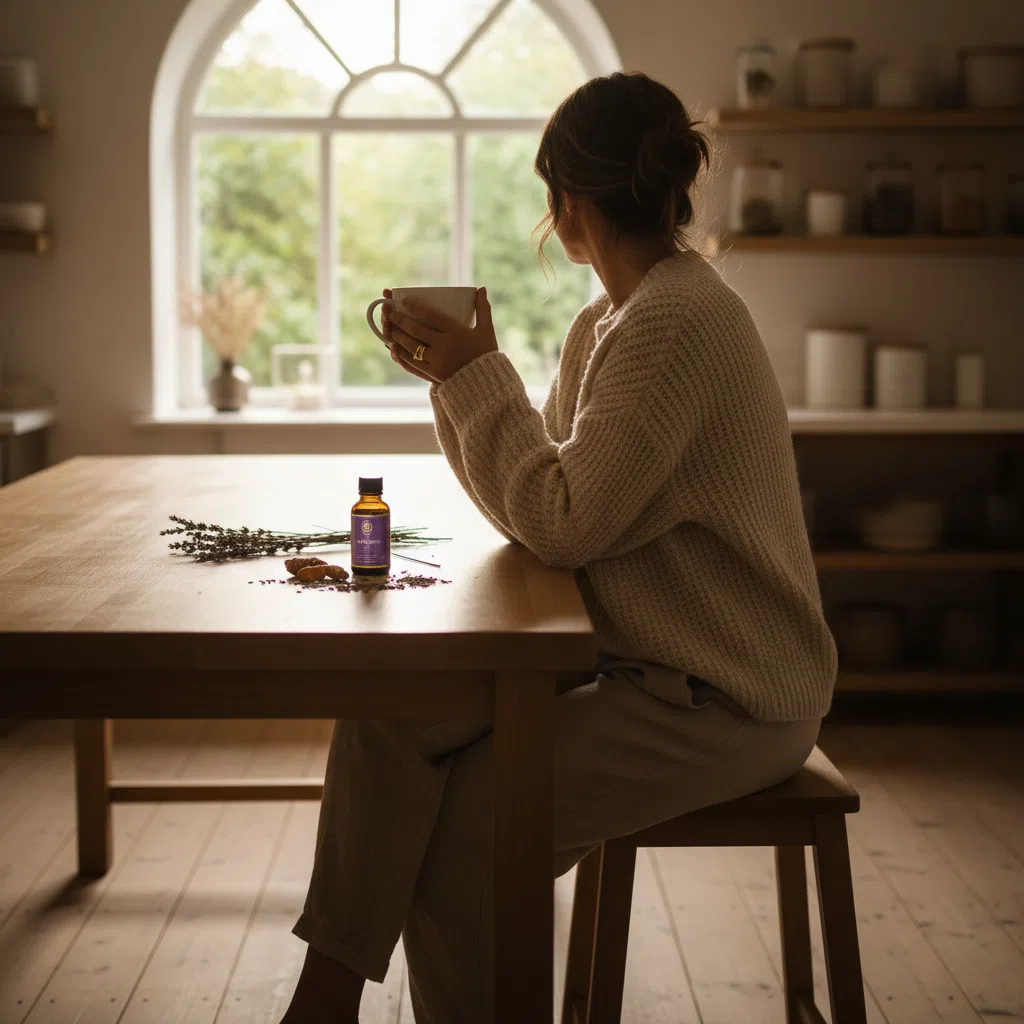 Anonymous person enjoying a morning coffee at a bright kitchen counter